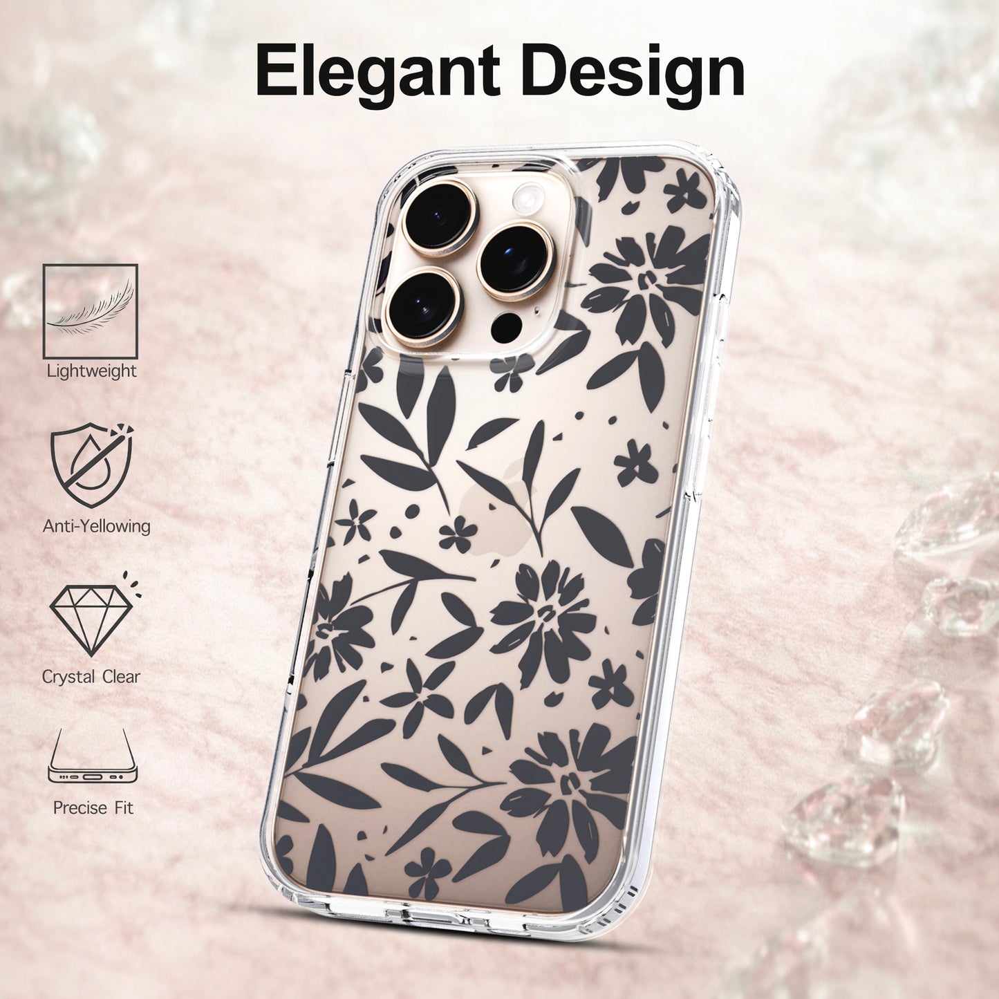 iPhone 16 Pro Case, Anti-Scratch Clear Case - Black Flowers