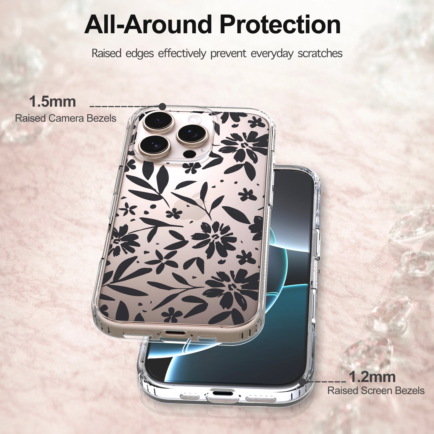 iPhone 16 Pro Case, Anti-Scratch Clear Case - Black Flowers
