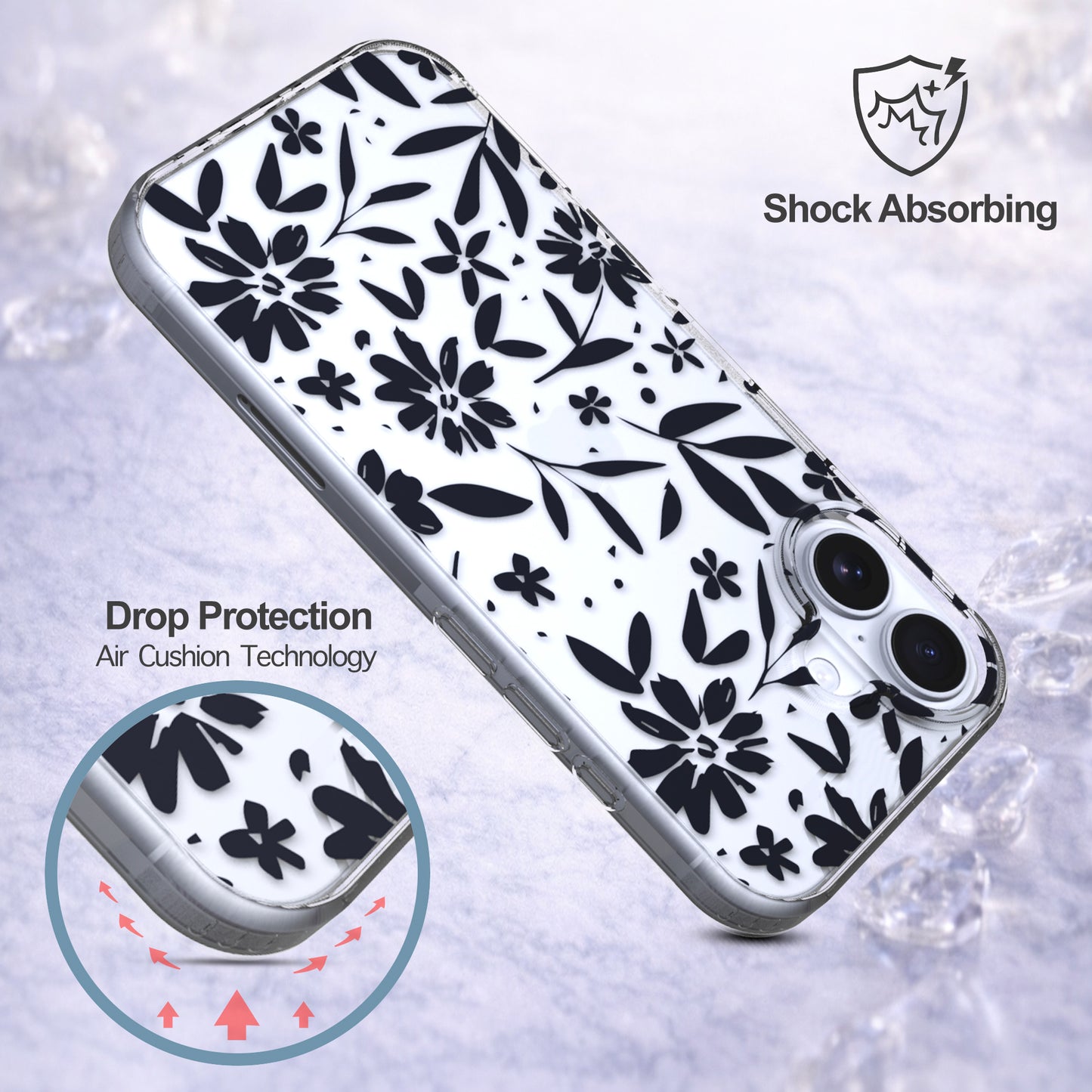 iPhone 16 Plus Case, Anti-Scratch Clear Case - Black Flowers