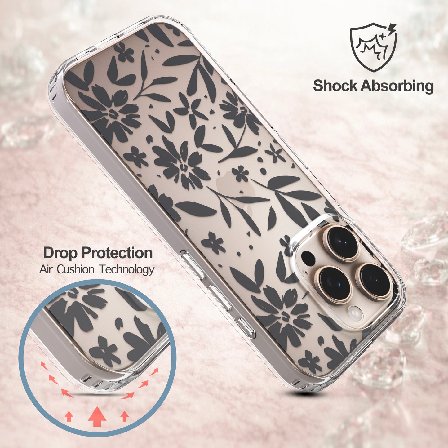 iPhone 16 Pro Case, Anti-Scratch Clear Case - Black Flowers