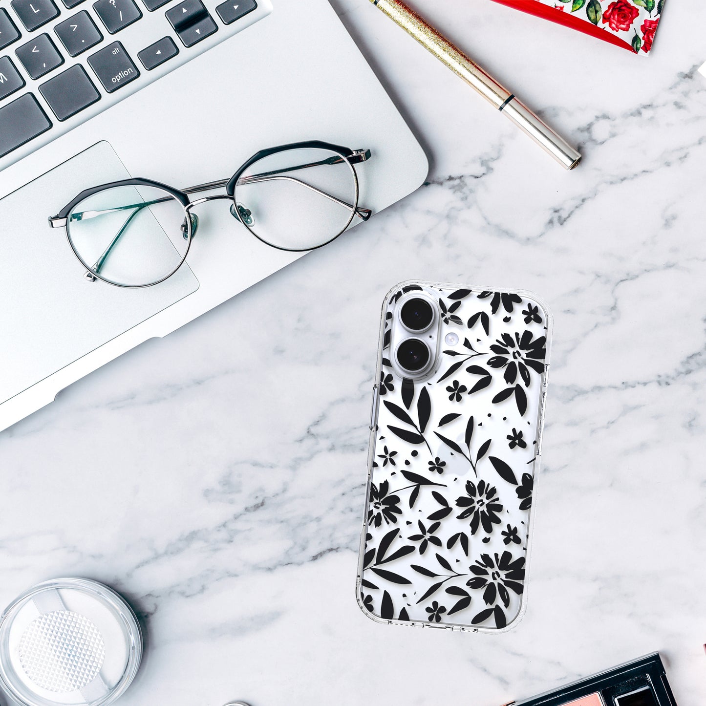 iPhone 16 Plus Case, Anti-Scratch Clear Case - Black Flowers