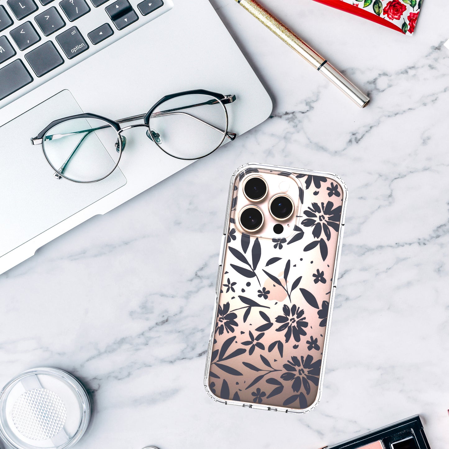 iPhone 16 Pro Case, Anti-Scratch Clear Case - Black Flowers