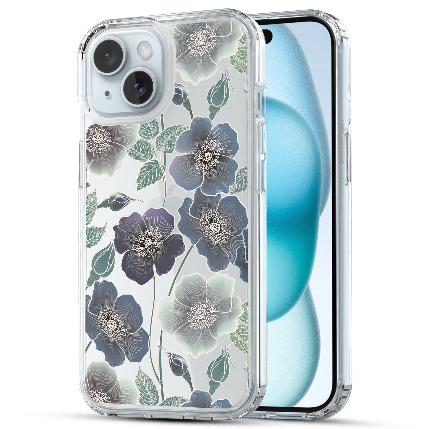 iPhone 15 Case, Anti-Scratch Clear Case - Blue Flowers