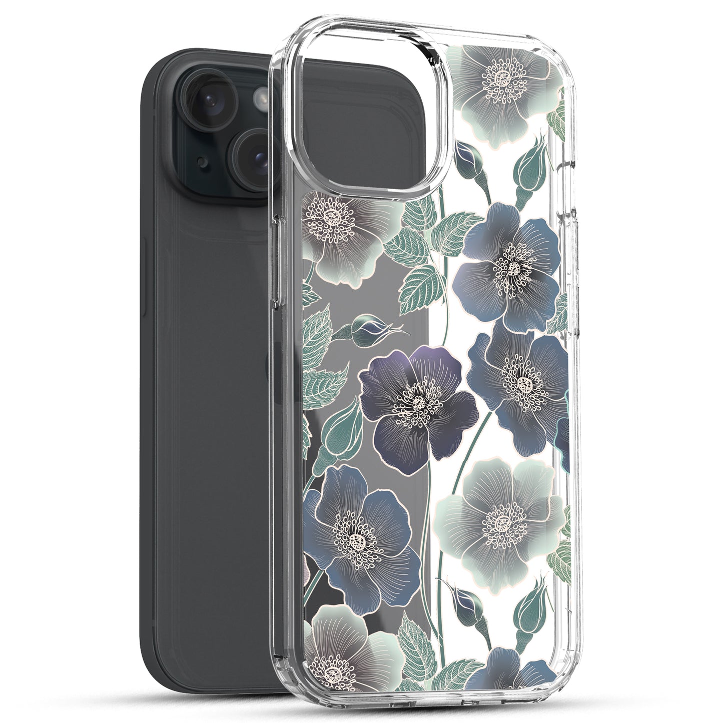 iPhone 15 Case, Anti-Scratch Clear Case - Blue Flowers