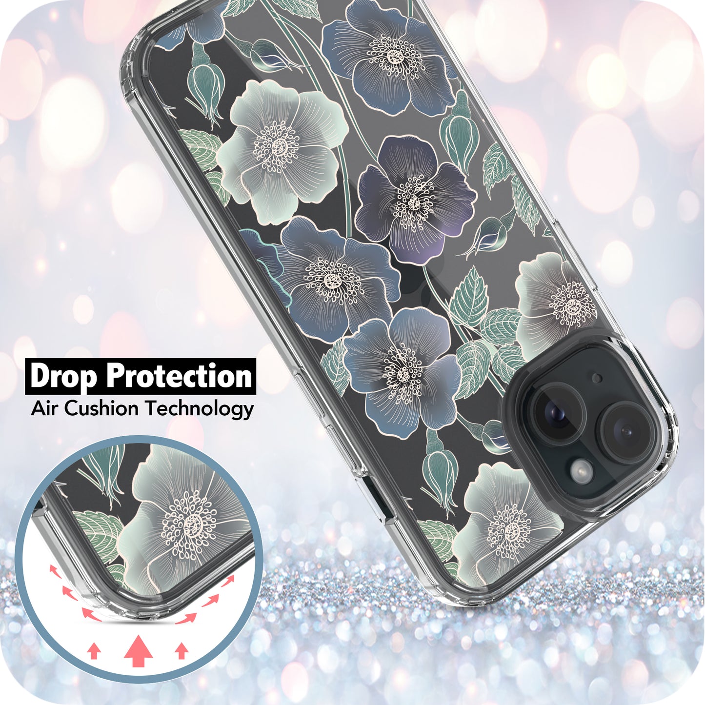 iPhone 15 Case, Anti-Scratch Clear Case - Blue Flowers