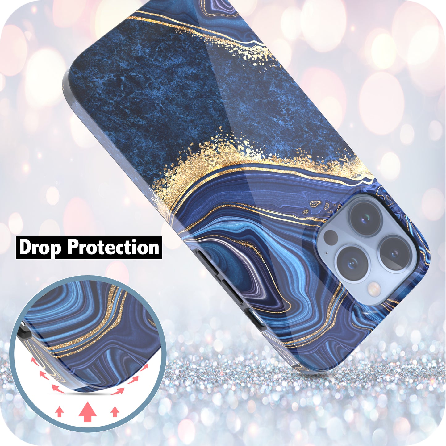 iPhone 13 Pro Case, Ultra Slim Glossy Shockproof Scratch-Proof Case - Marble (Blue/Gold)