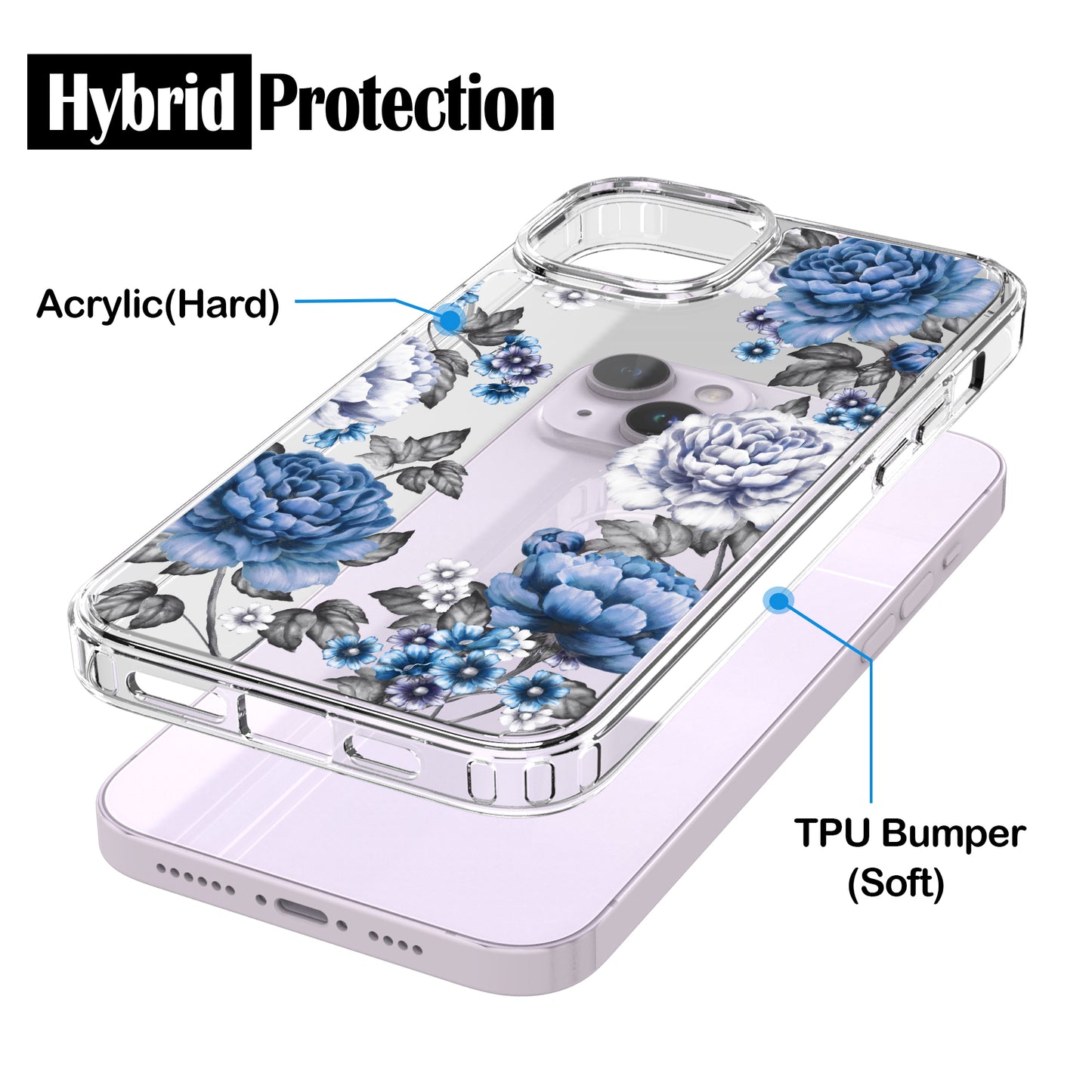 iPhone 14 Case, Anti-Scratch Clear Case - Blue Rose