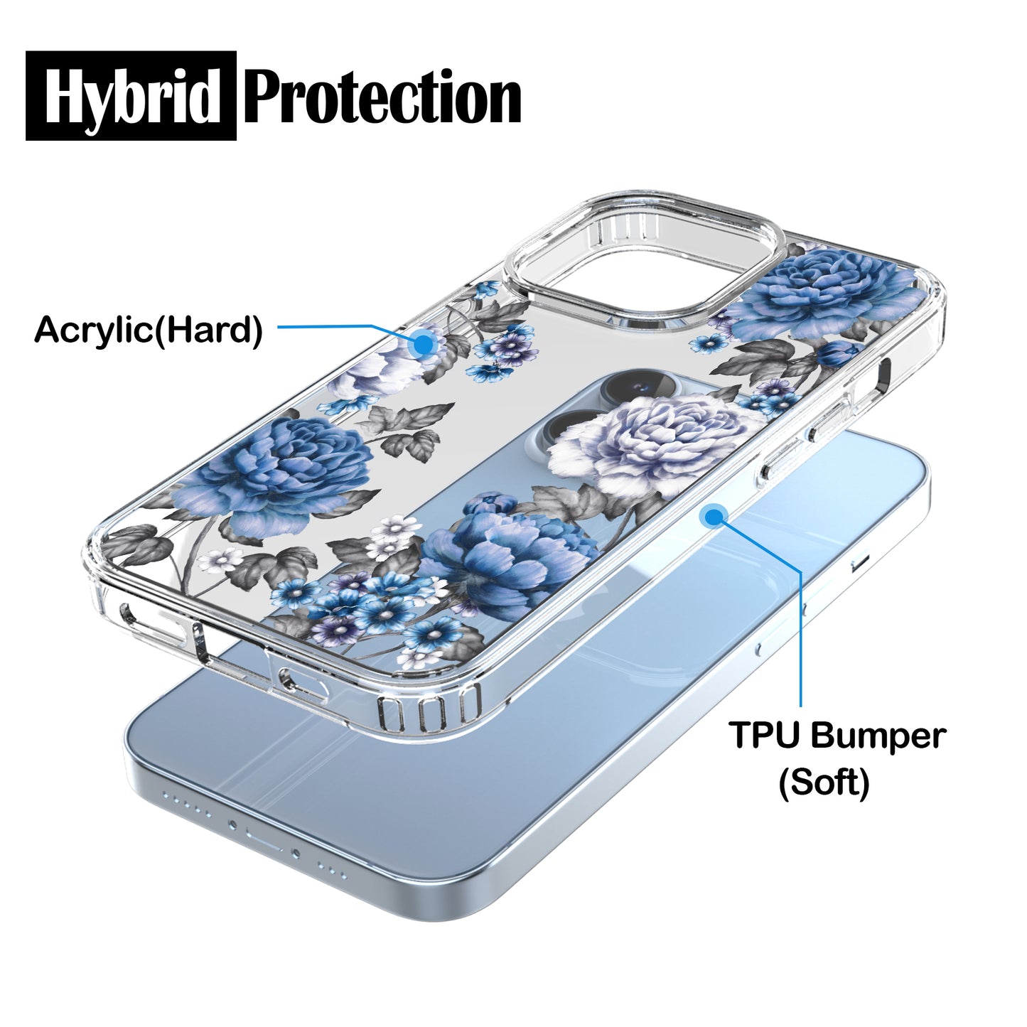 iPhone 13 Pro Max Case, Anti-Scratch Clear Case - Blue Rose