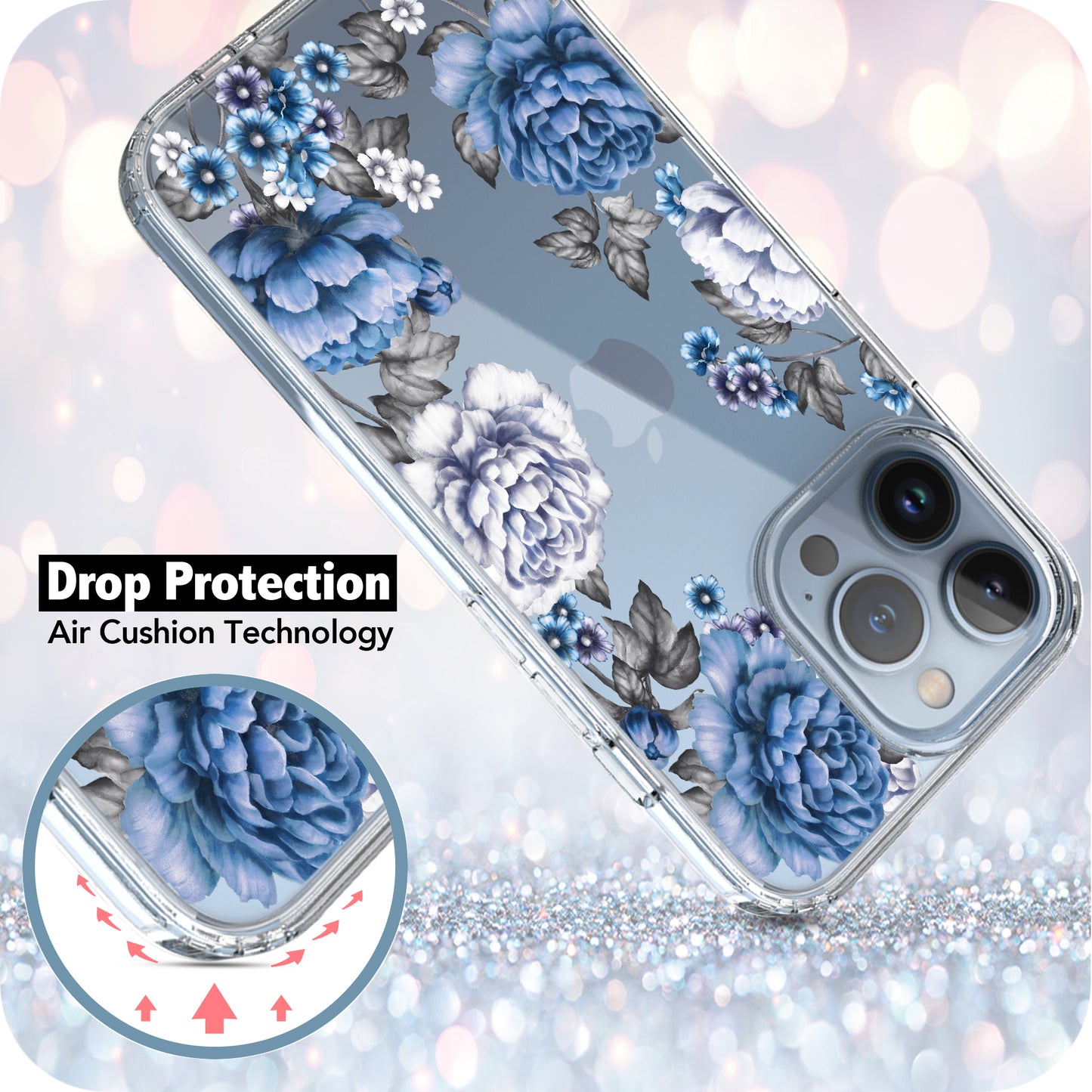 iPhone 13 Pro Max Case, Anti-Scratch Clear Case - Blue Rose