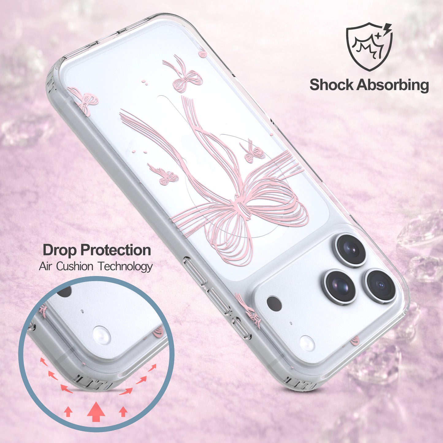 iPhone 17 Pro Max Case, Anti-Scratch Clear Case - Cute Pink Ribbon