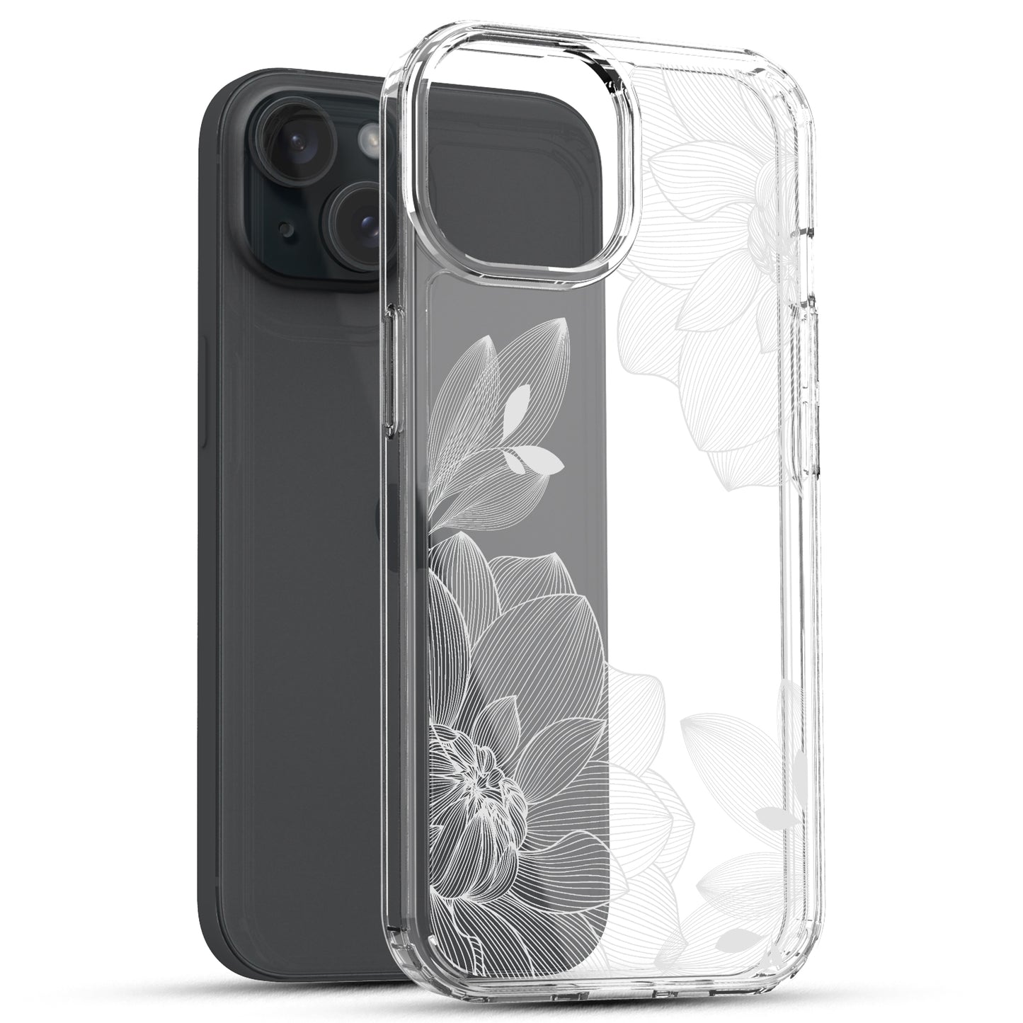 iPhone 15 Plus Case, Anti-Scratch Clear Case - White Lace Chrysanthemum