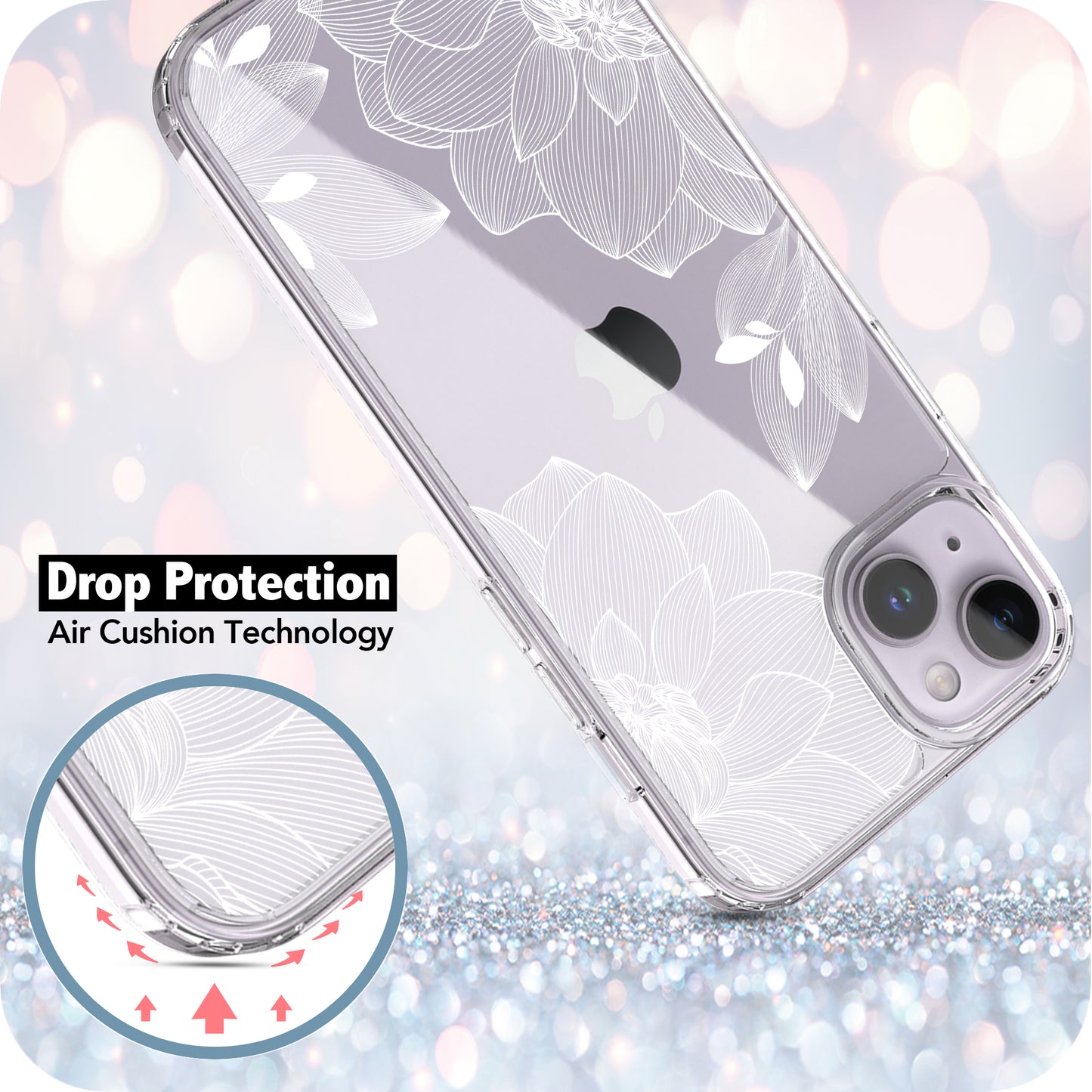 iPhone 14 Plus Case, Anti-Scratch Clear Case - White Lace Chrysanthemum