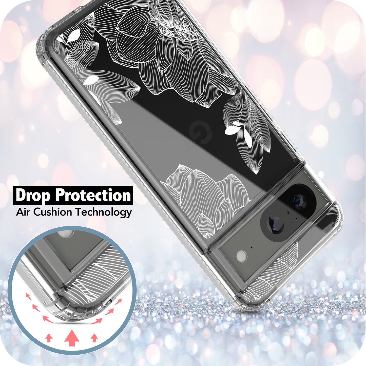 Google Pixel 8 Case, Anti-Scratch Clear Case - White Lace Chrysanthemum