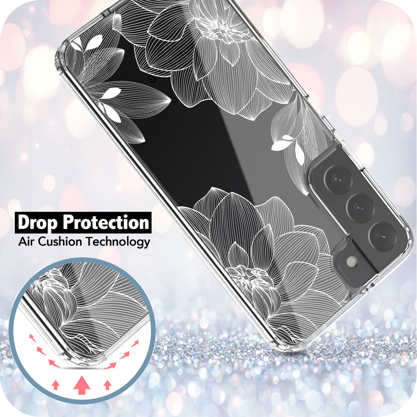 Samsung Galaxy S22 (5G) Case, Anti-Scratch Clear Case - White Lace Chrysanthemum