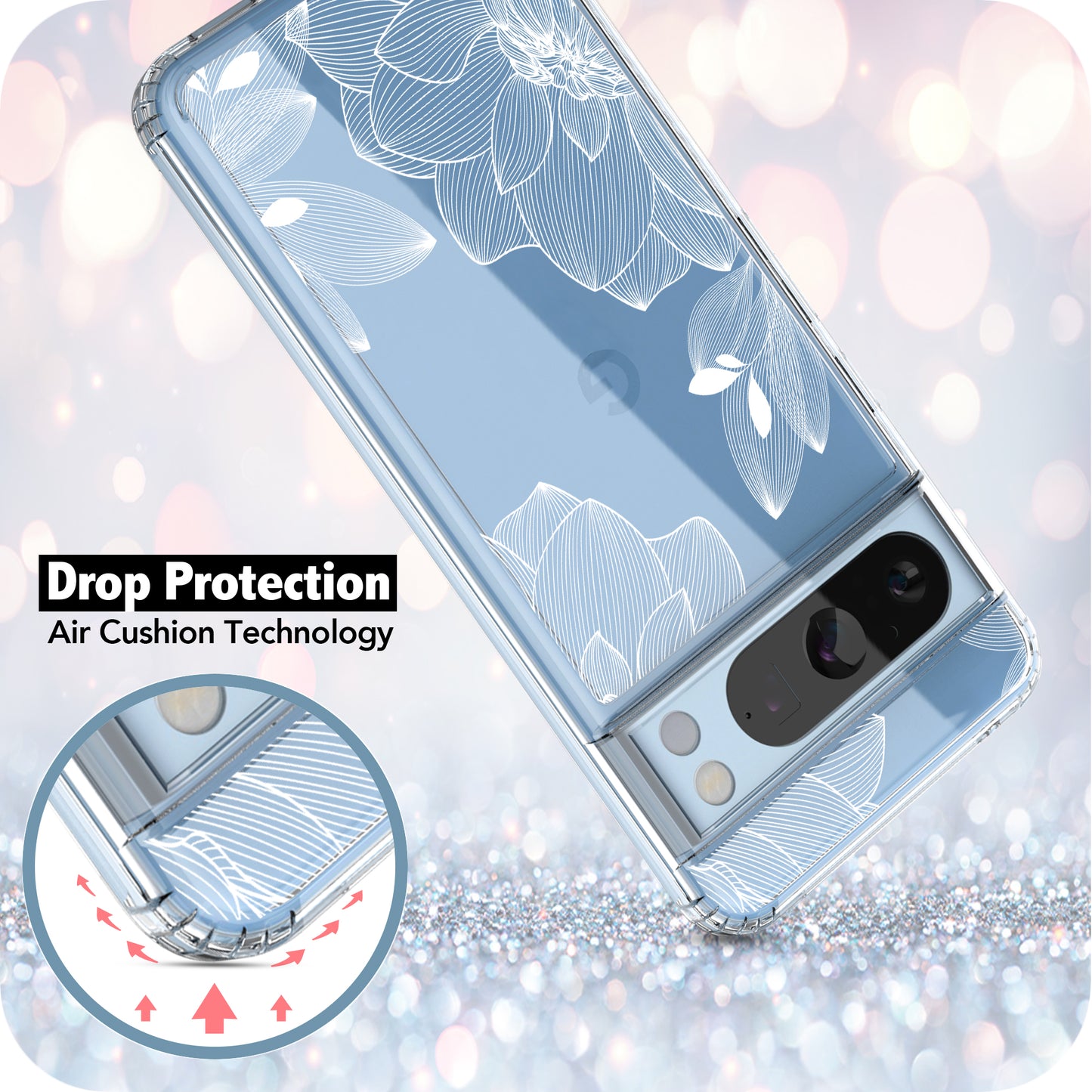 Google Pixel 8 Pro Case, Anti-Scratch Clear Case - White Lace Chrysanthemum