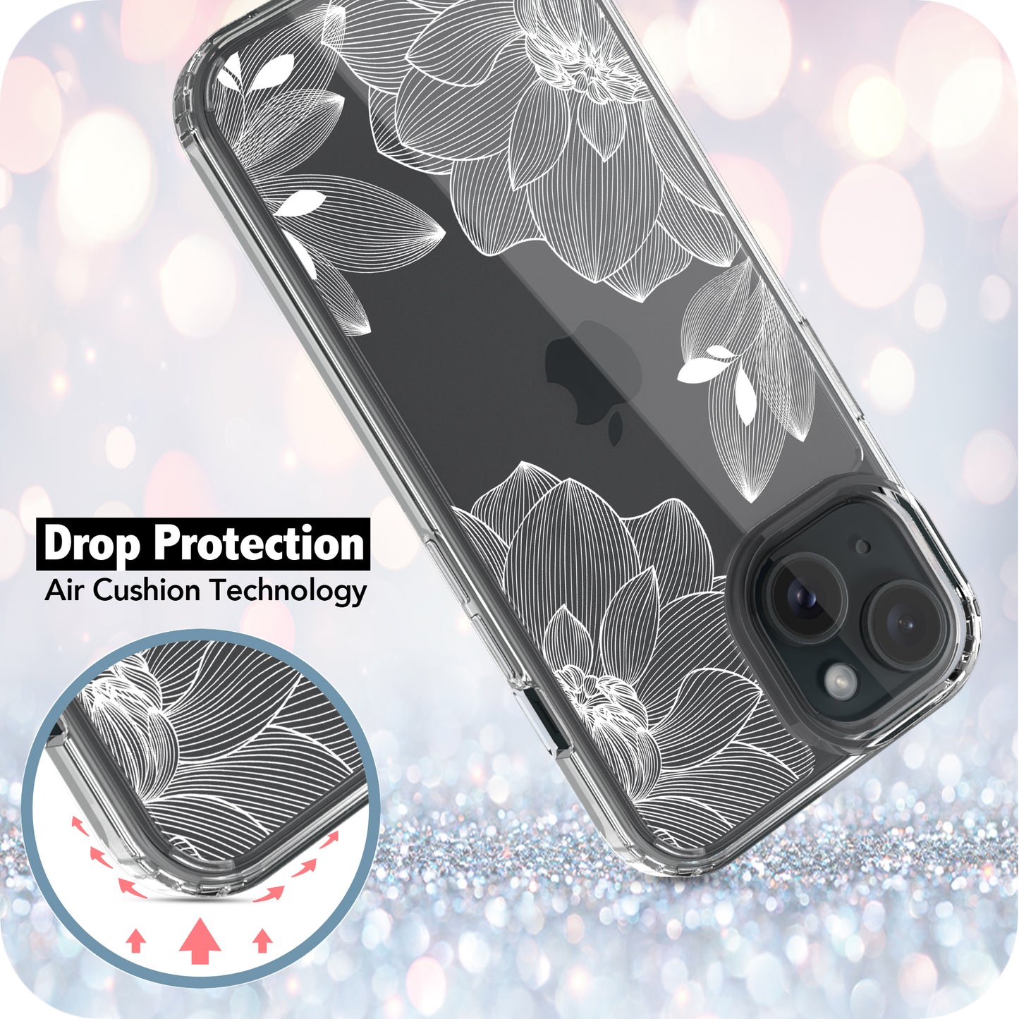 iPhone 15 Plus Case, Anti-Scratch Clear Case - White Lace Chrysanthemum