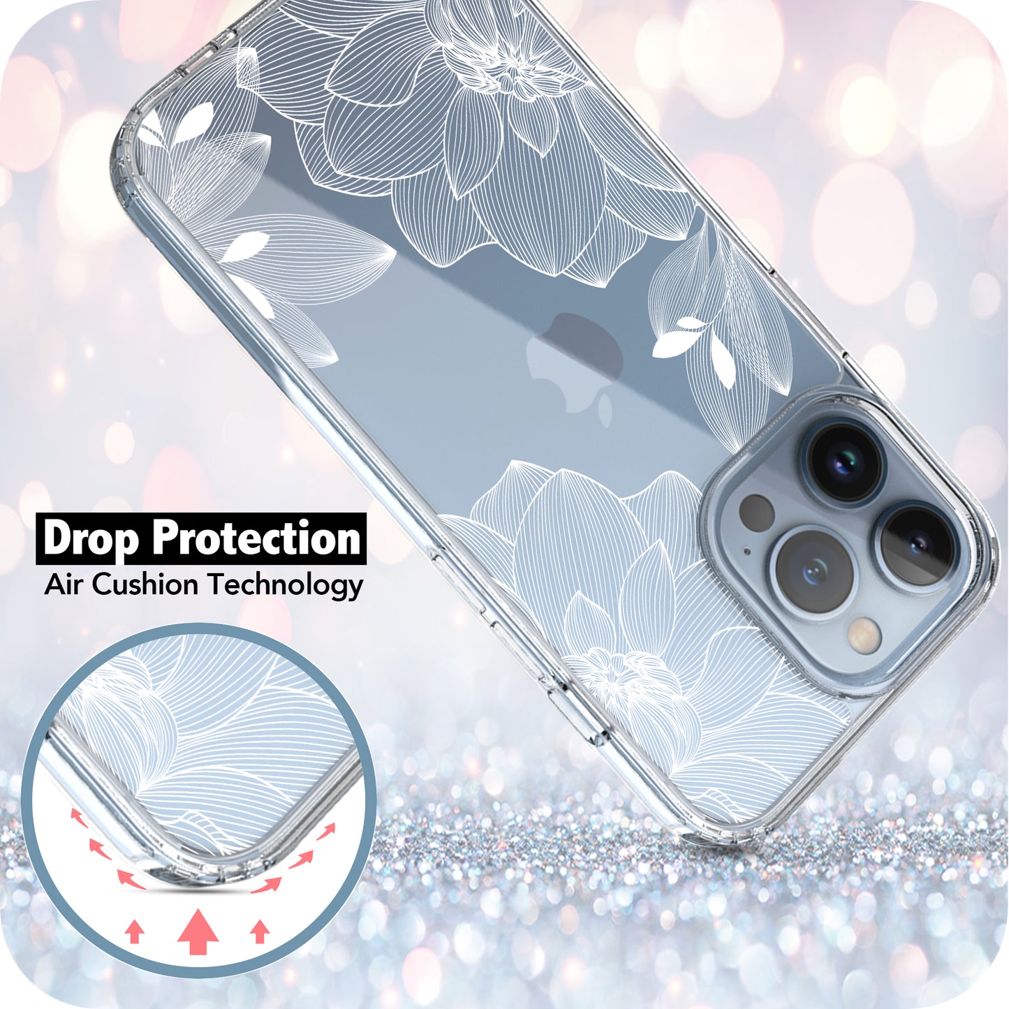 iPhone 13 Pro Case, Anti-Scratch Clear Case - White Lace Chrysanthemum