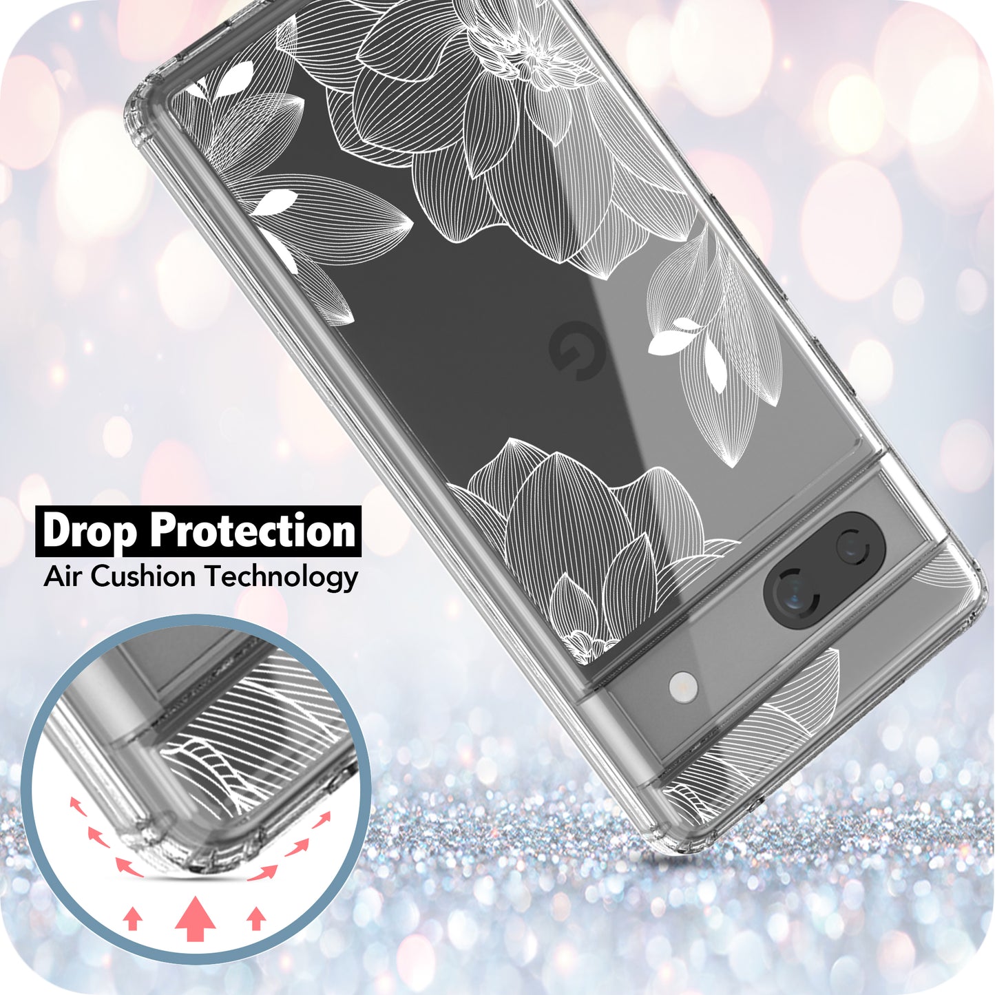 Google Pixel 7A Case, Anti-Scratch Clear Case - White Lace Chrysanthemum