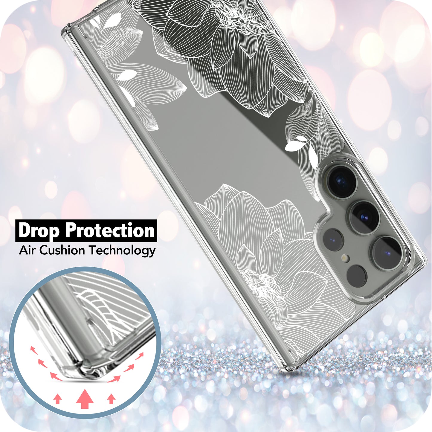 Samsung Galaxy S23 Ultra Case, Anti-Scratch Clear Case with Design - White Lace Chrysanthemum