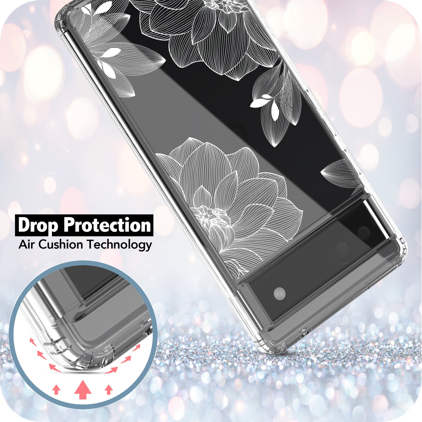 Google Pixel 6A Case, Anti-Scratch Clear Case - White Lace Chrysanthemum