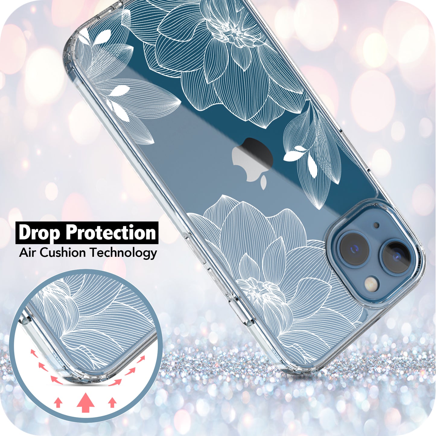 iPhone 13 Case, Anti-Scratch Clear Case - White Lace Chrysanthemum