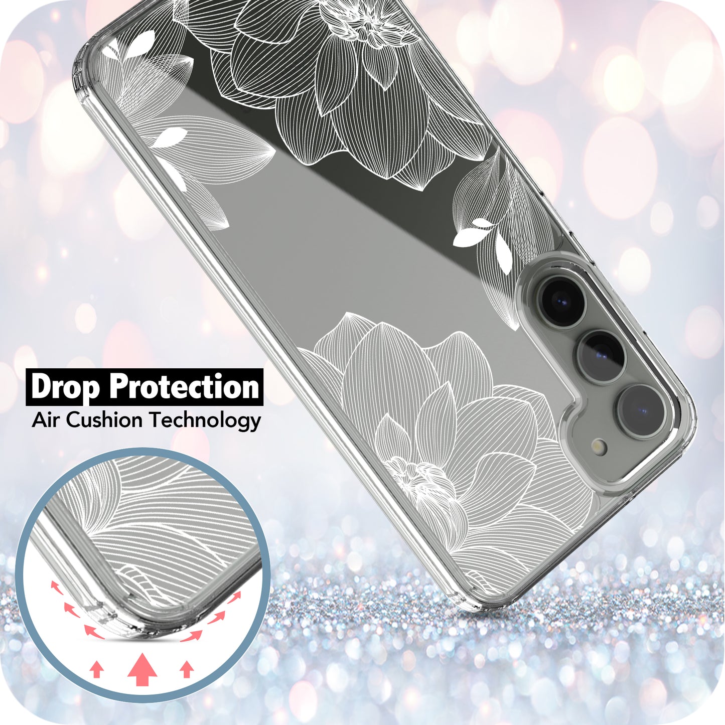 Samsung Galaxy S23 Plus Case, Anti-Scratch Clear Case with Design - White Lace Chrysanthemum