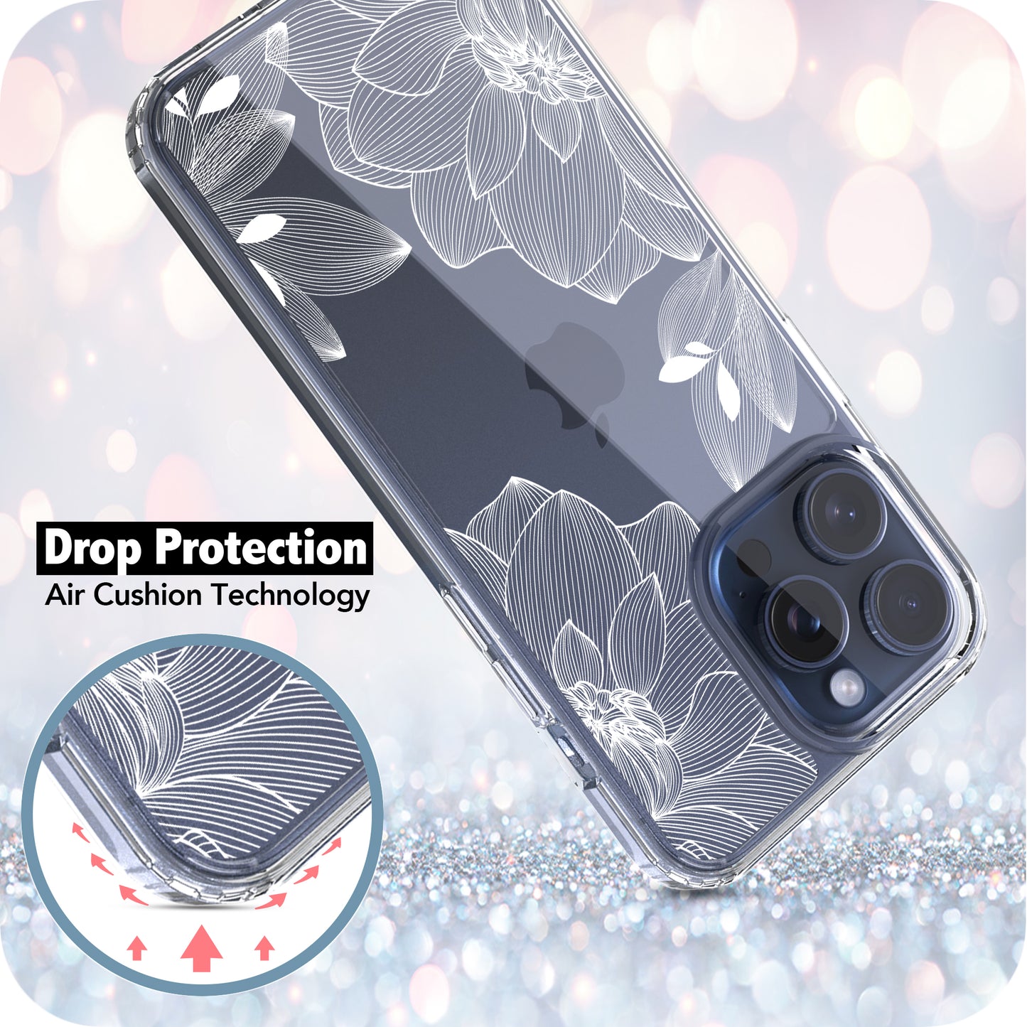 iPhone 15 Pro Max Case, Anti-Scratch Clear Case - White Lace Chrysanthemum