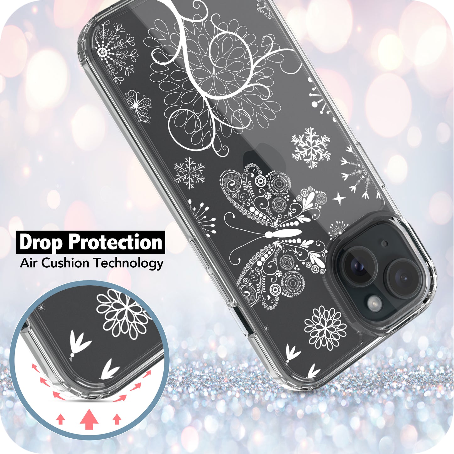 iPhone 15 Case, Anti-Scratch Clear Case - Snowflakes and Butterflies