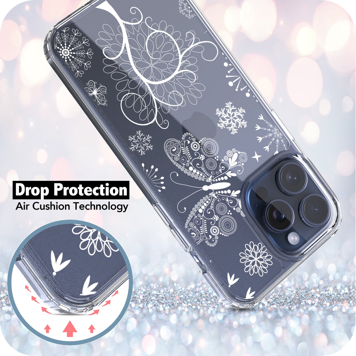 iPhone 15 Pro Case, Anti-Scratch Clear Case - Snowflakes and Butterflies