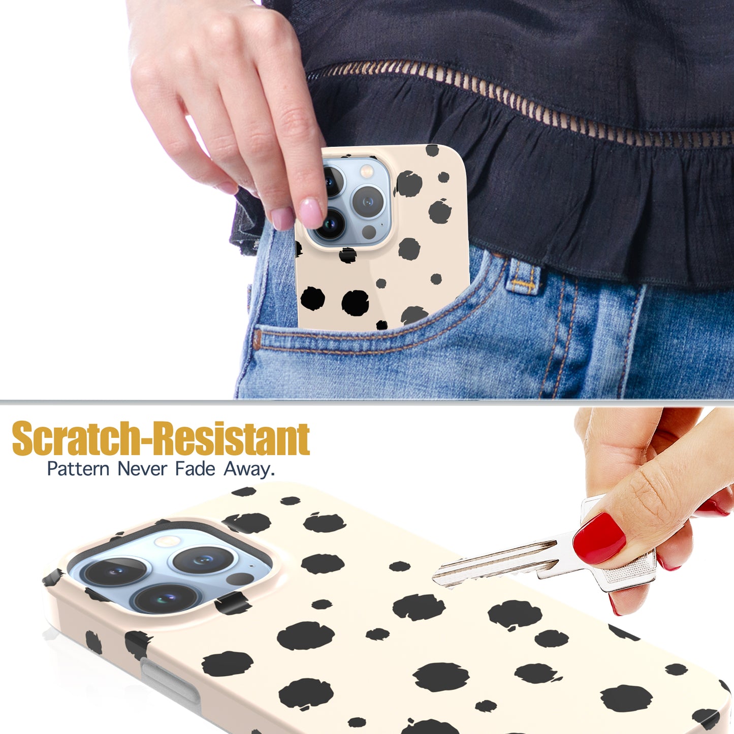 iPhone 13 Pro Case, Ultra Slim Glossy Shockproof Scratch-Proof Case - Vanilla Black Polka Dots