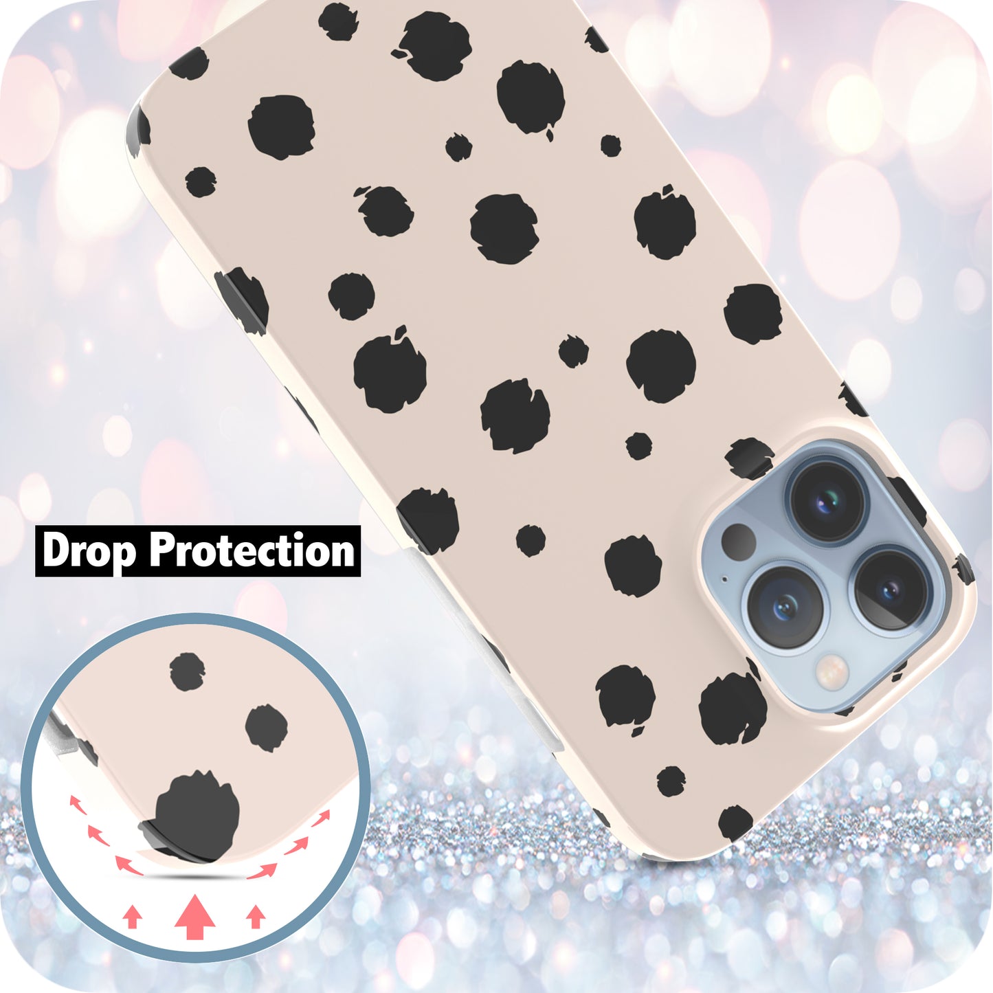 iPhone 13 Pro Case, Ultra Slim Glossy Shockproof Scratch-Proof Case - Vanilla Black Polka Dots