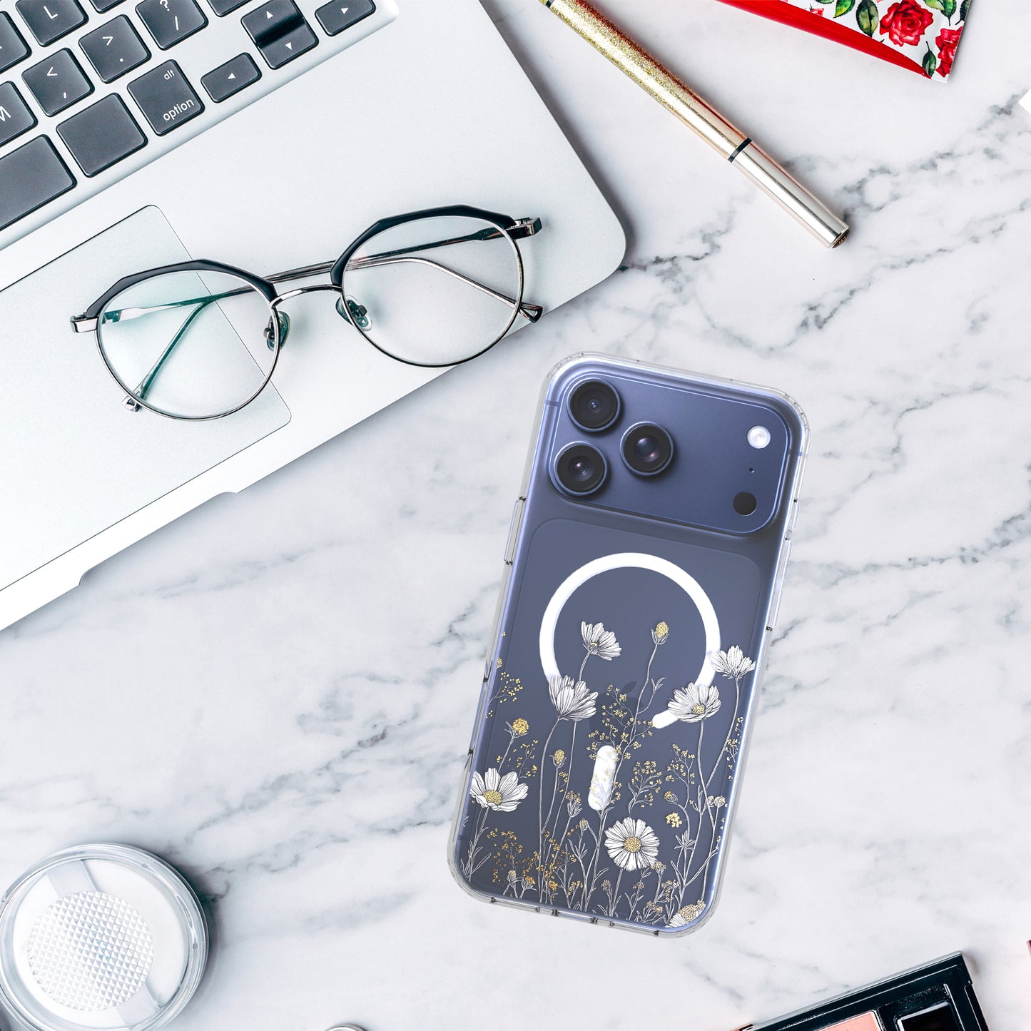 iPhone 17 Pro Case, Anti-Scratch Clear Case - Elegant Daisy Gold Floral