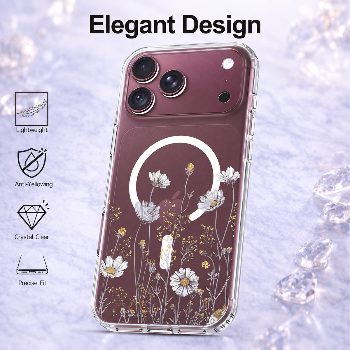 iPhone 18 Pro Case, Anti-Scratch Clear Case - Elegant Daisy Gold Floral