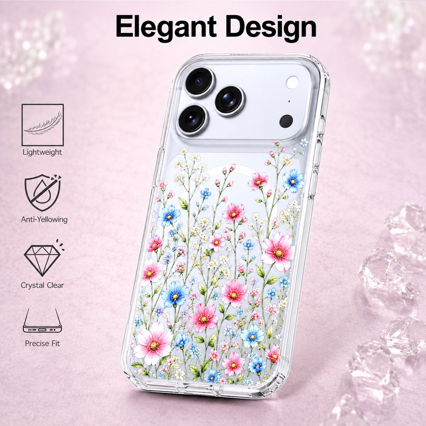 iPhone 17 Pro Case, Anti-Scratch Clear Case - Pink Blue Wildflower