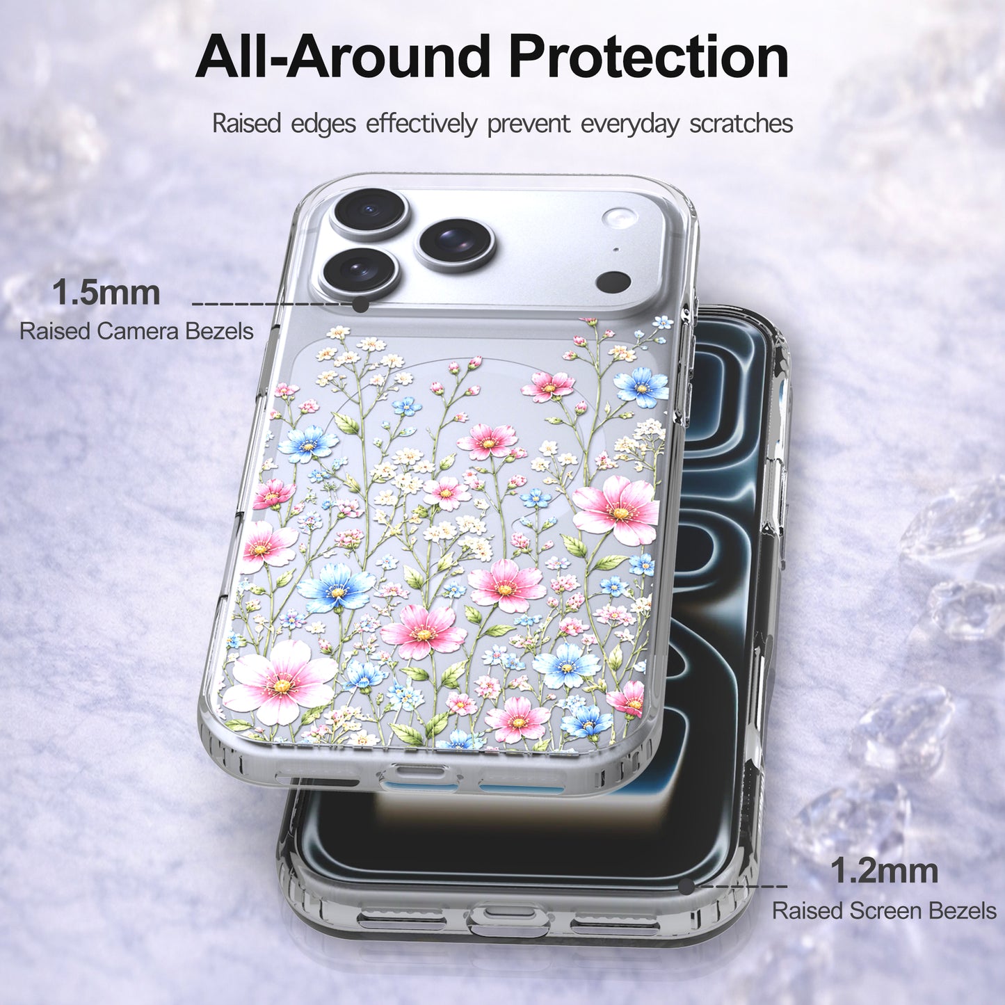 iPhone 17 Pro Case, Anti-Scratch Clear Case - Pink Blue Wildflower