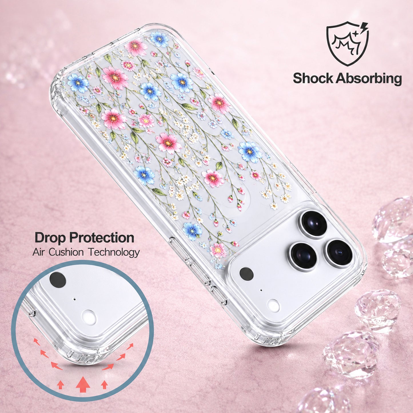 iPhone 17 Pro Case, Anti-Scratch Clear Case - Pink Blue Wildflower