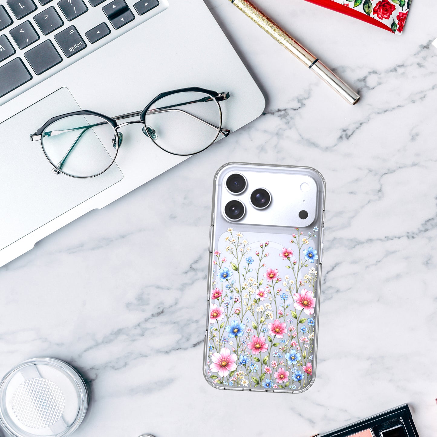 iPhone 17 Pro Case, Anti-Scratch Clear Case - Pink Blue Wildflower