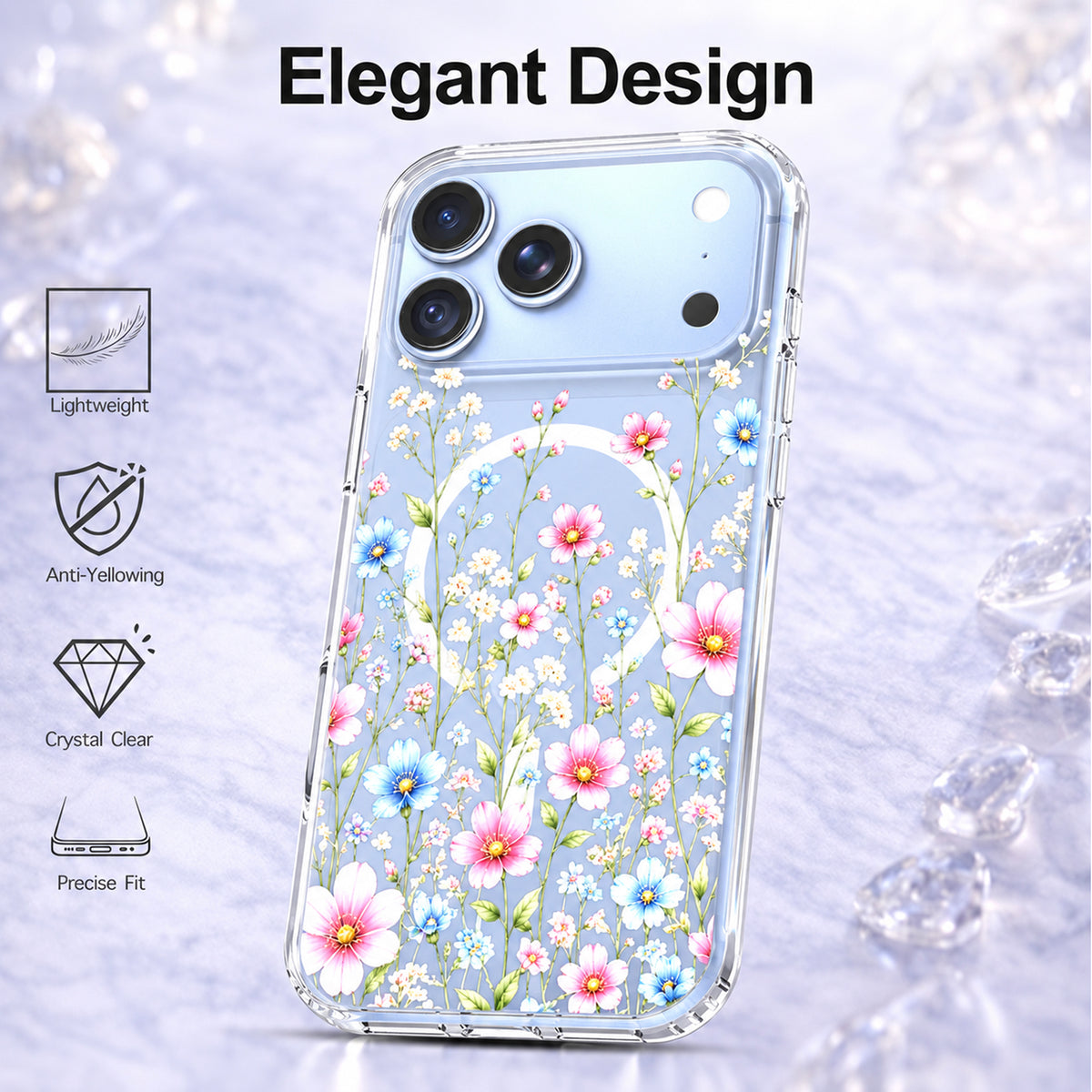 iPhone 18 Pro Max Case, Anti-Scratch Clear Case - Pink Blue Wildflower