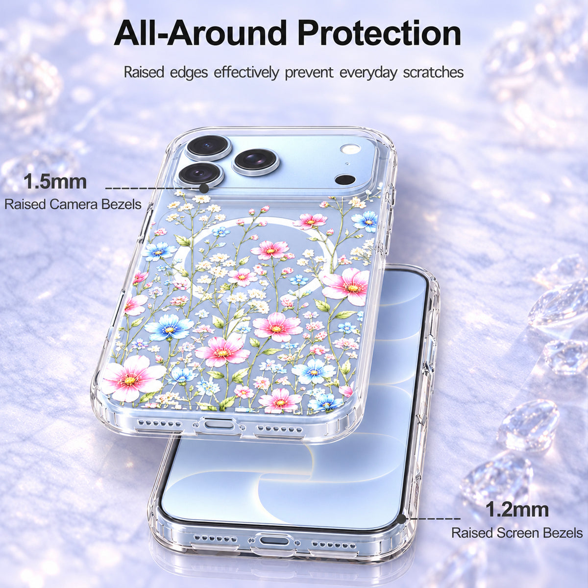 iPhone 18 Pro Max Case, Anti-Scratch Clear Case - Pink Blue Wildflower