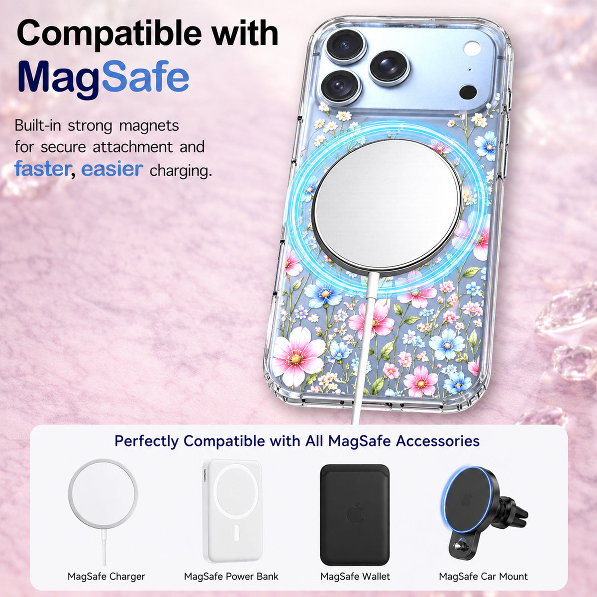 iPhone 18 Pro Max Case, Anti-Scratch Clear Case - Pink Blue Wildflower