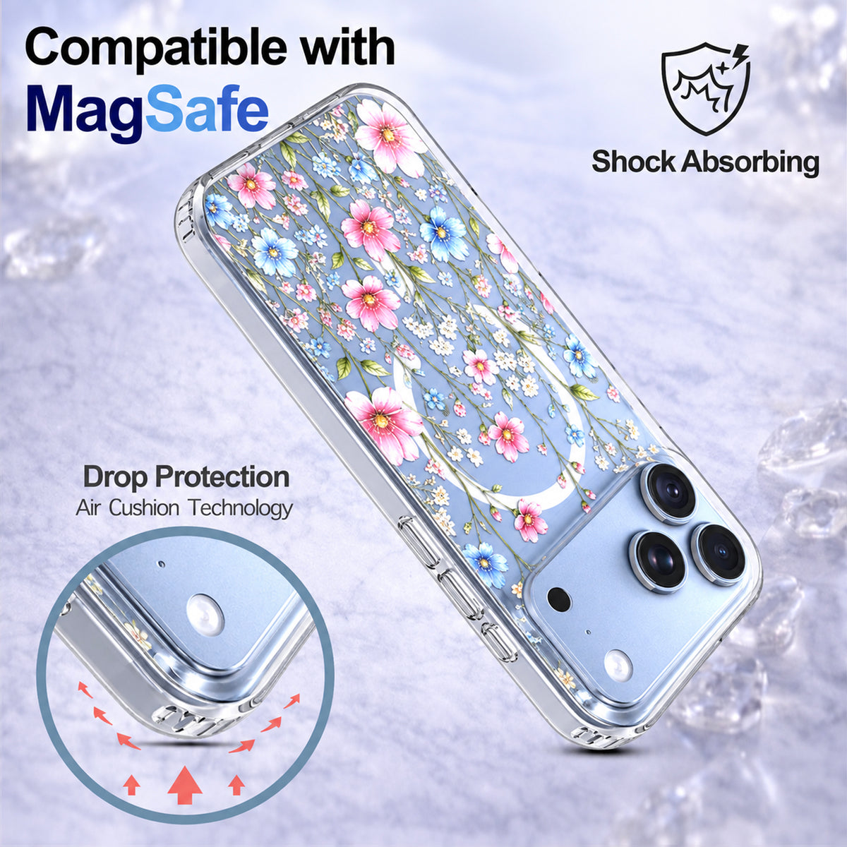 iPhone 18 Pro Max Case, Anti-Scratch Clear Case - Pink Blue Wildflower