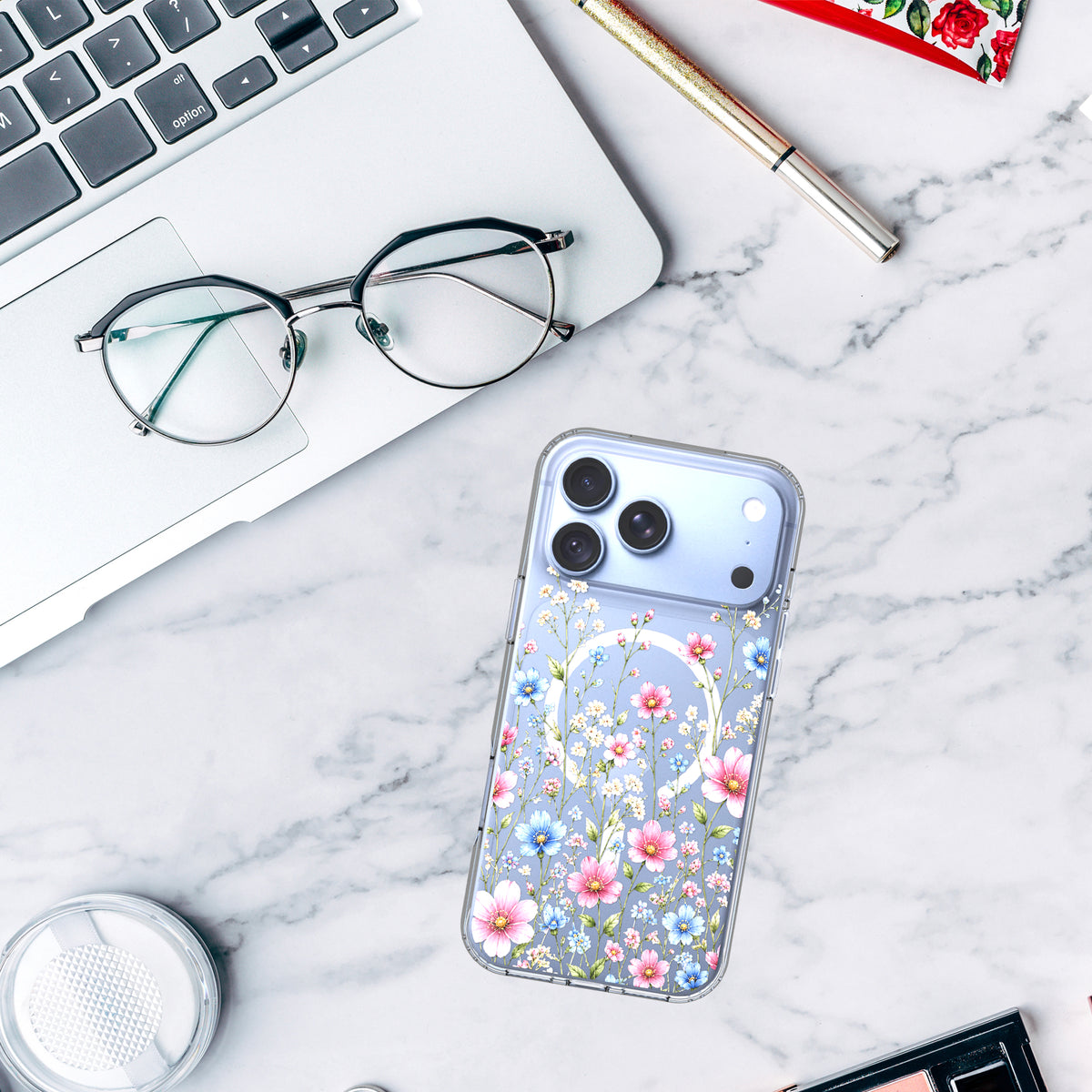 iPhone 18 Pro Max Case, Anti-Scratch Clear Case - Pink Blue Wildflower