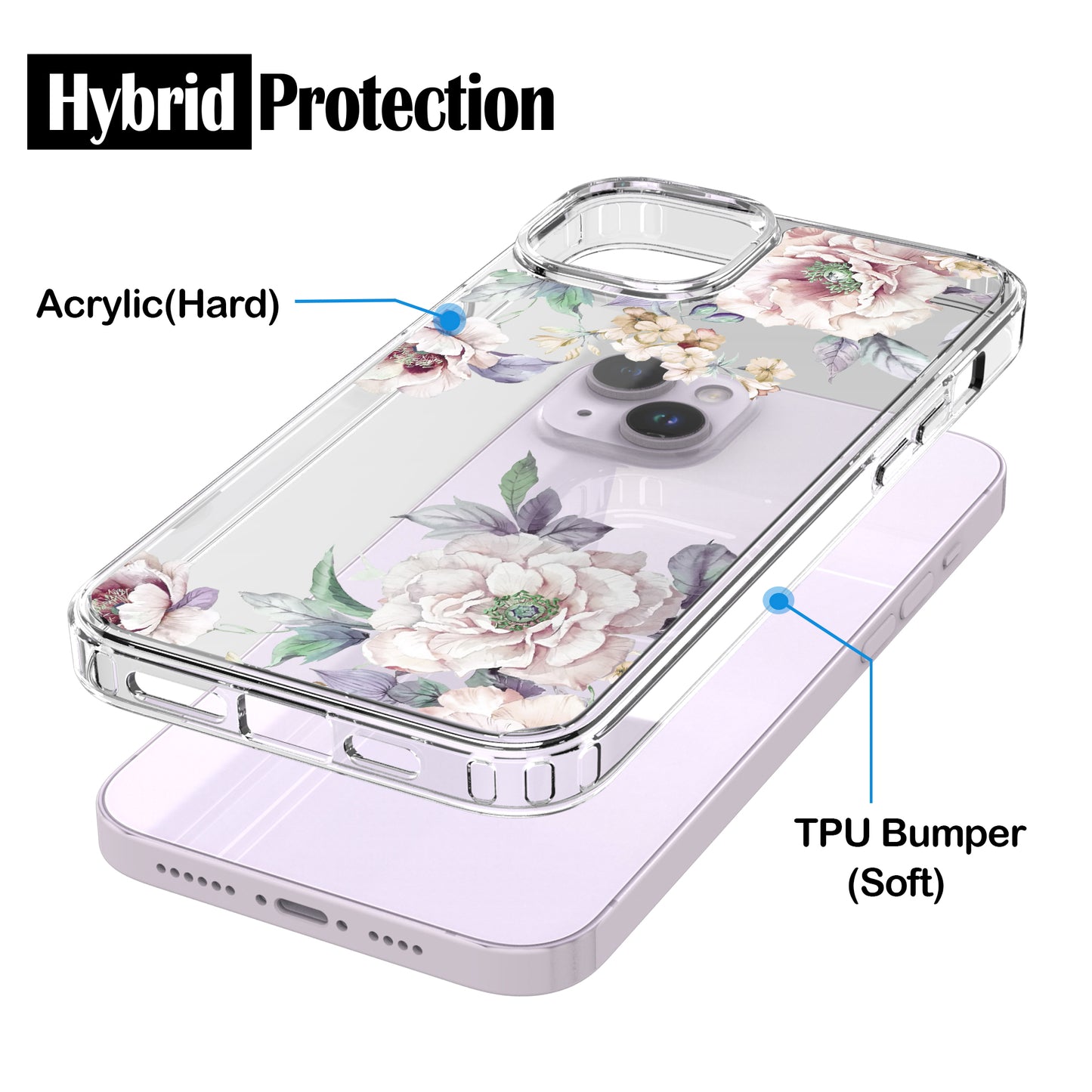 iPhone 14 Case, Anti-Scratch Clear Case - Pink Peony Flower