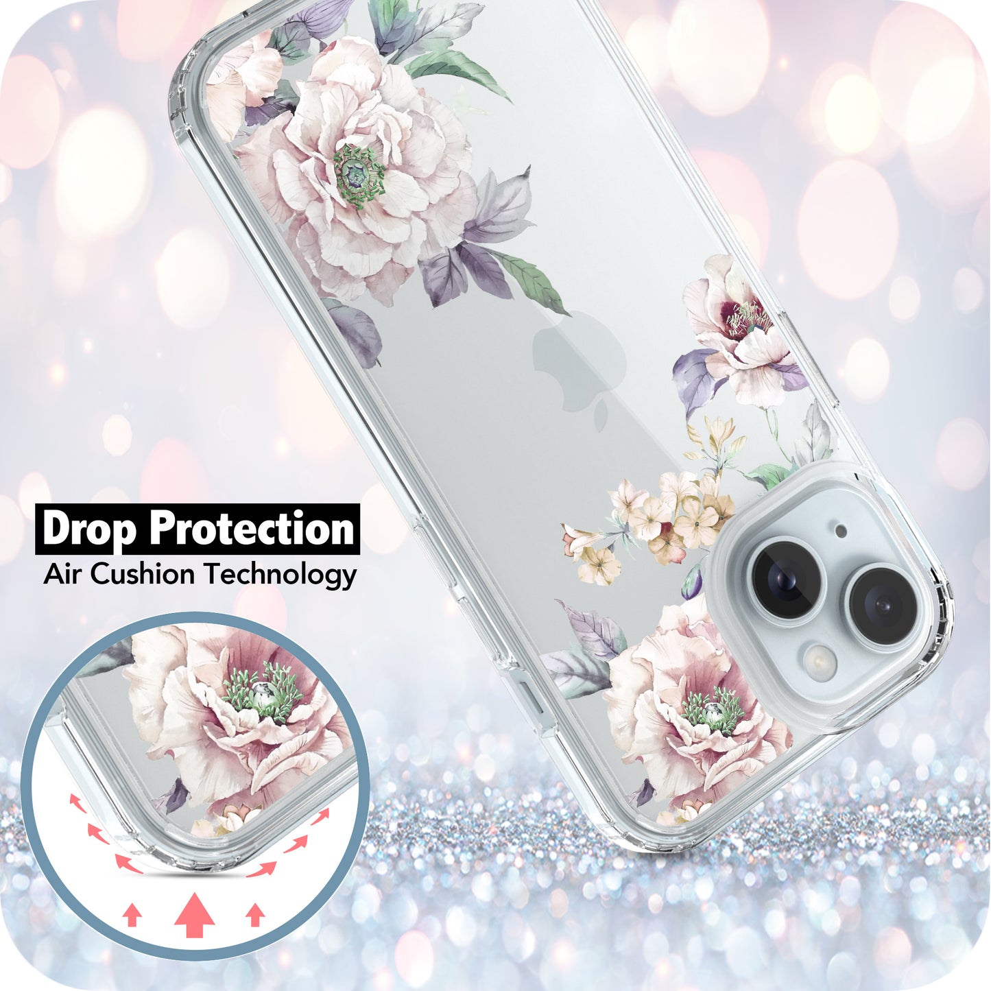 iPhone 15 Case, Anti-Scratch Clear Case - Pink Flower Peony