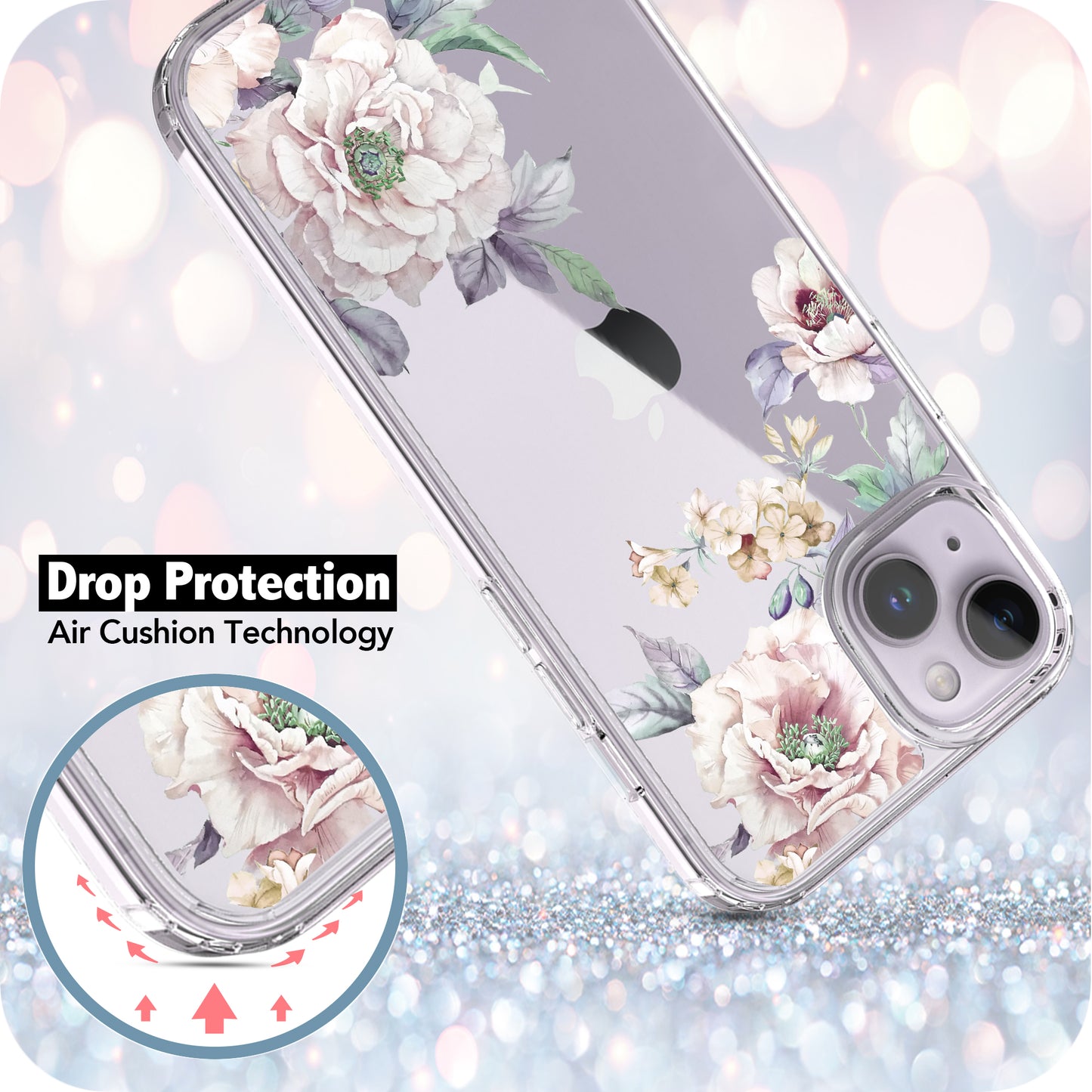 iPhone 14 Case, Anti-Scratch Clear Case - Pink Peony Flower