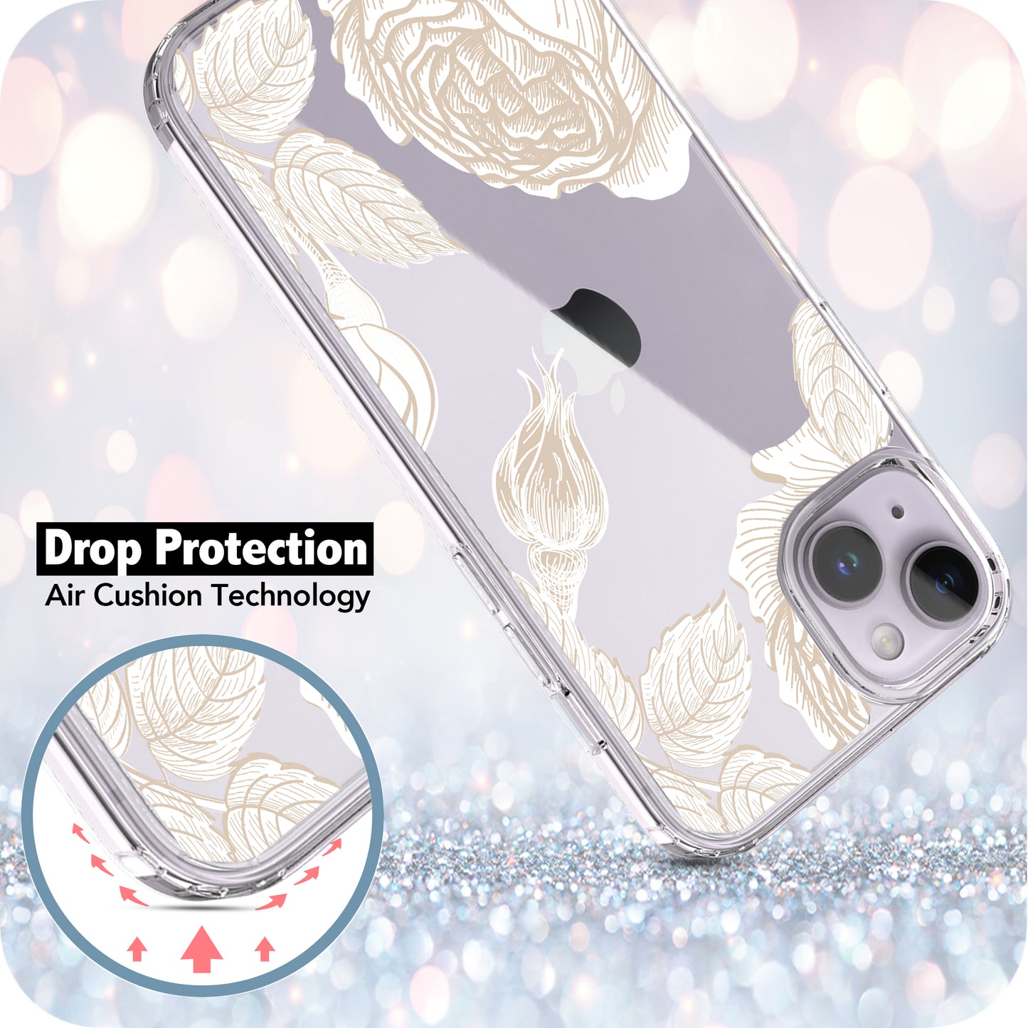 iPhone 14 Case, Anti-Scratch Clear Case - Gold Rose Flower