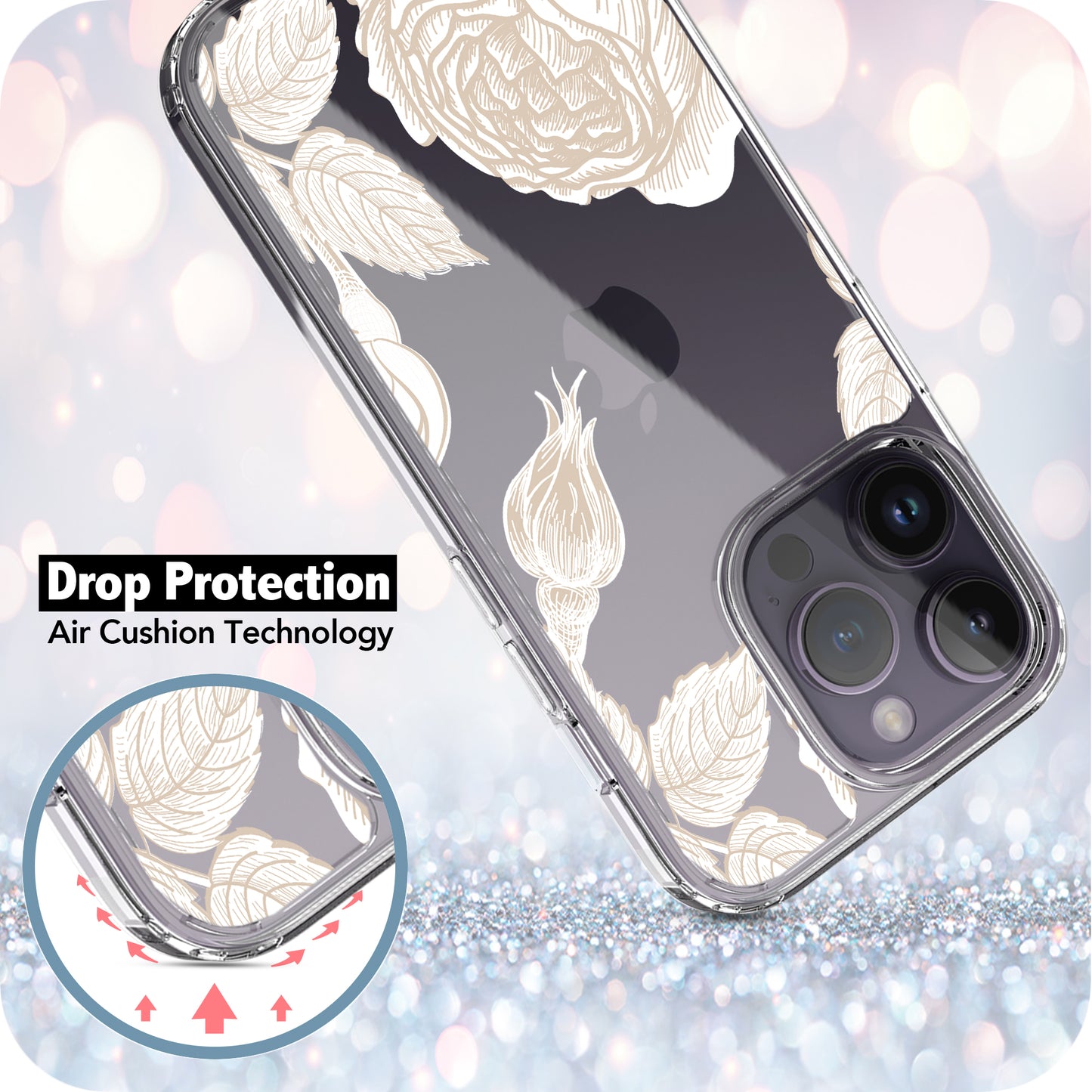 iPhone 14 Pro Case, Anti-Scratch Clear Case - Gold Rose Flower