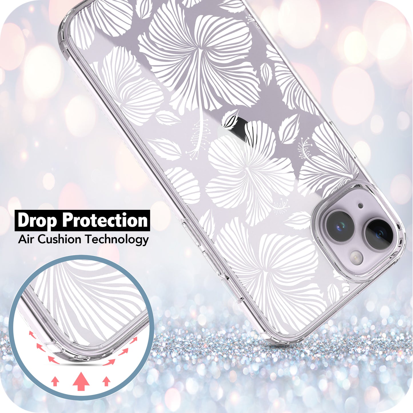 iPhone 14 Case, Anti-Scratch Clear Case - White Hibiscus Flowers