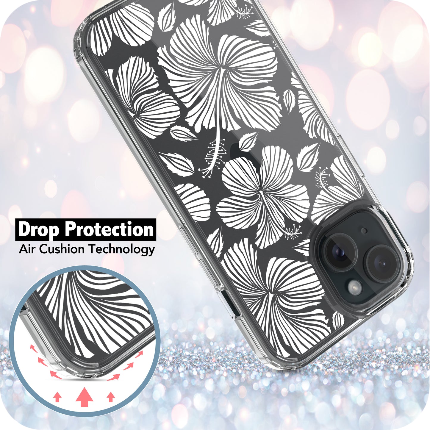 iPhone 15 Case, Anti-Scratch Clear Case - White Hibiscus Flowers