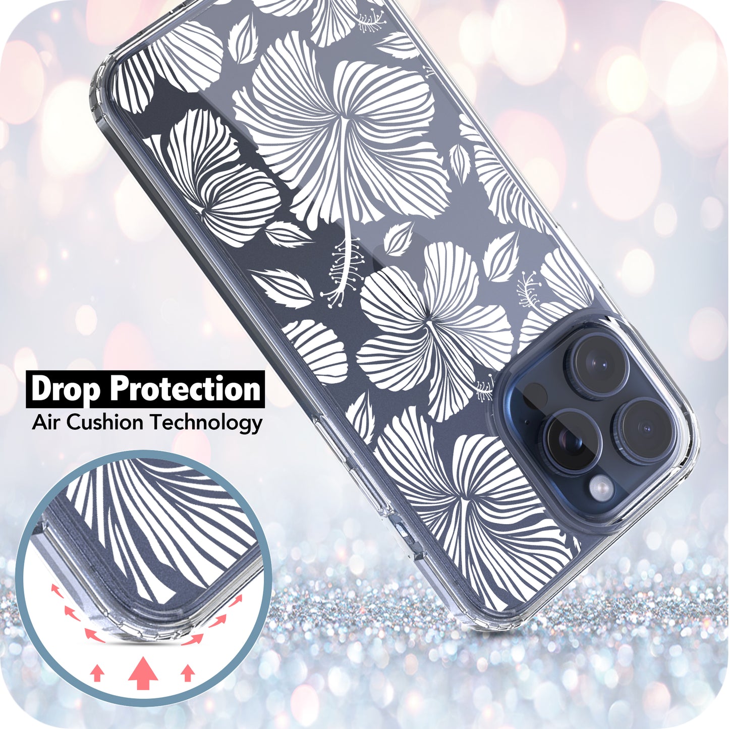 iPhone 15 Pro Case, Anti-Scratch Clear Case - White Hibiscus Flowers